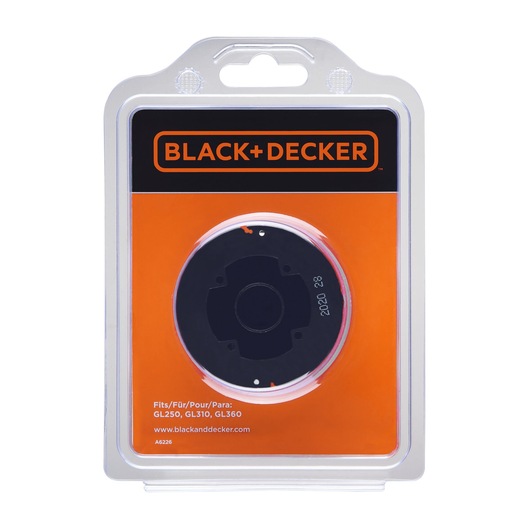 BLACK+DECKER A6226 trimmer spool in black plastic packaging, front view on white background.