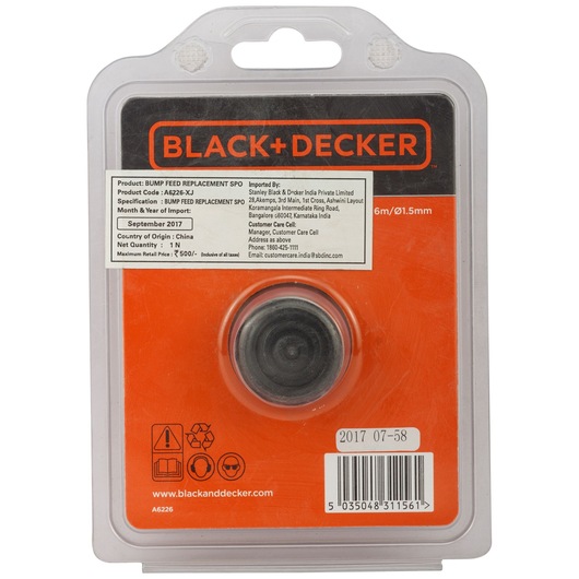 BLACK+DECKER A6226 bump feed replacement spool in sealed plastic packaging, front view, orange and black label.