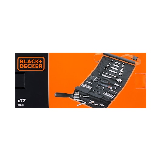 BLACK+DECKER A7063 tool set in a black roll pouch, orange box background, top angle view.