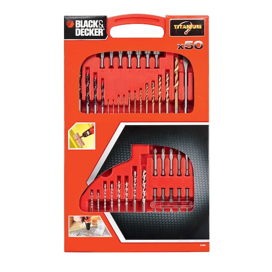 BLACKDECKER A7066 drill and screwdriver bit set in red plastic case, 50 pieces, front angle on white background.