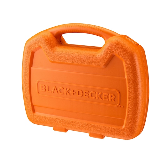An orange plastic carrying case with a textured surface and a handle, featuring the BLACK+DECKER logo embossed on the front.