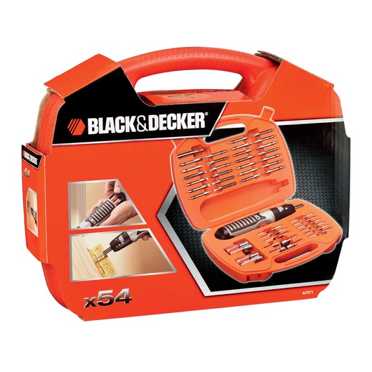 BLACK+DECKER A7071 screwdriver and bit set in orange plastic case, 54 pieces, front angle photo.