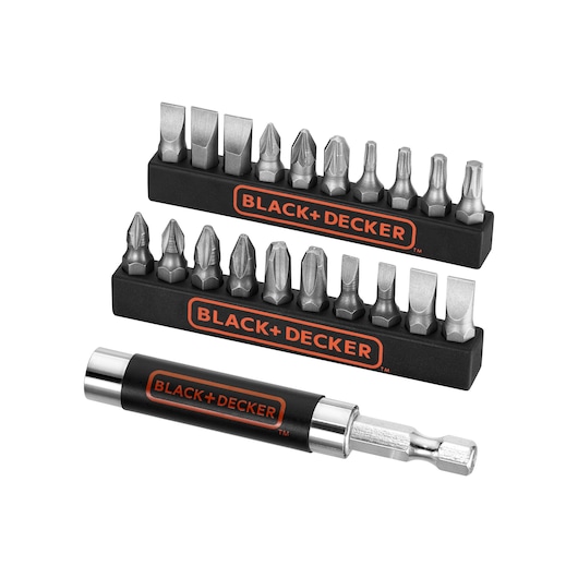 BLACK+DECKER screwdriver bit set featuring two black holders with multiple metal bits of various shapes and a magnetic bit holder attachment, displayed against a white background.