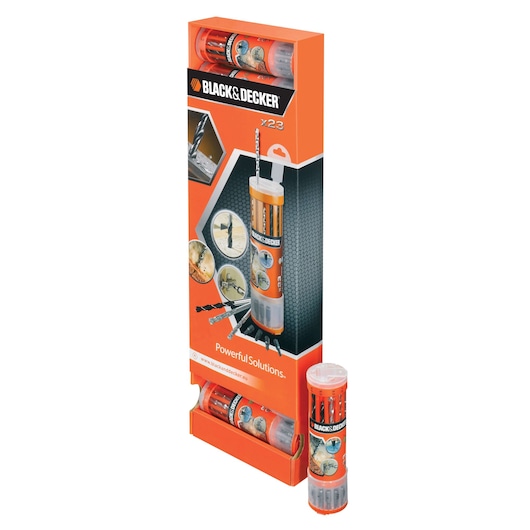 BLACK+DECKER A7102 photography product packaging, showing a cylindrical orange container with various drill bits and images of drilling applications. The packaging has the BLACK+DECKER logo and the text 'Powerful Solutions.'