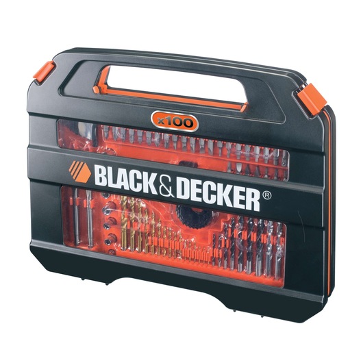 BLACK+DECKER 100-piece drill and screwdriver bit set in a black and orange carrying case, with transparent panels displaying the tools inside.