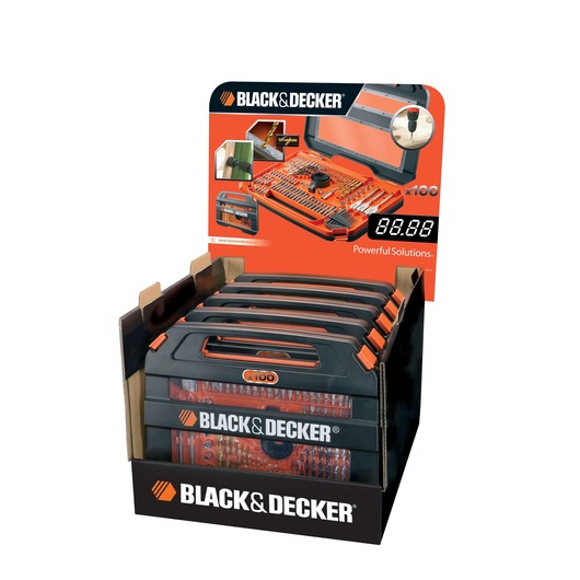 Display of BLACK+DECKER tool kits, showing multiple black and orange cases in a branded retail box. The tool kit features a variety of bits and accessories, organized in a hard plastic carrying case.