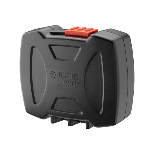 A black hard plastic case with a red latch, featuring the BLACK+DECKER logo embossed on the front.