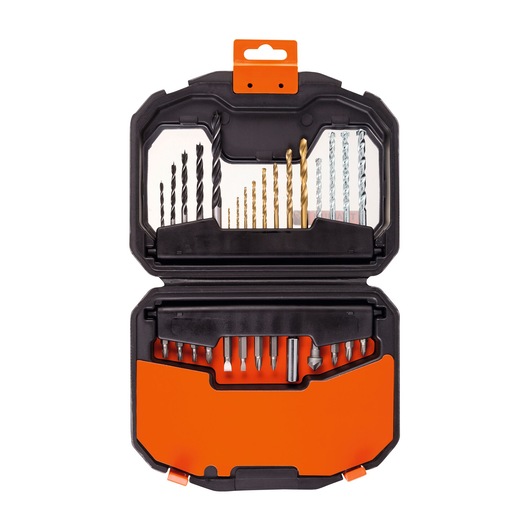 BLACK+DECKER A7183-XJ drill and screwdriver bit set in orange and black case, opened, front angle.