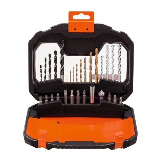BLACKDECKER A7183-XJ drill and bit set in black and orange plastic case, open, showing multiple drill bits and screwdriver bits.