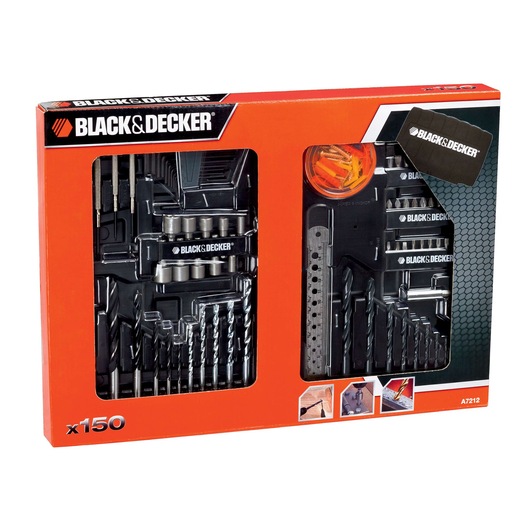 BLACK+DECKER A7212 drill bit and accessory set, 150 pieces, in orange retail packaging, front angle.