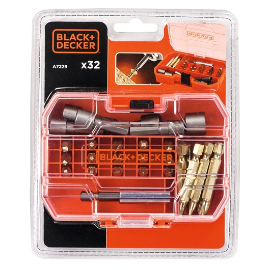 BLACK+DECKER A7229 screwdriver bit set with 32 pieces in clear plastic case, front angle on white background.