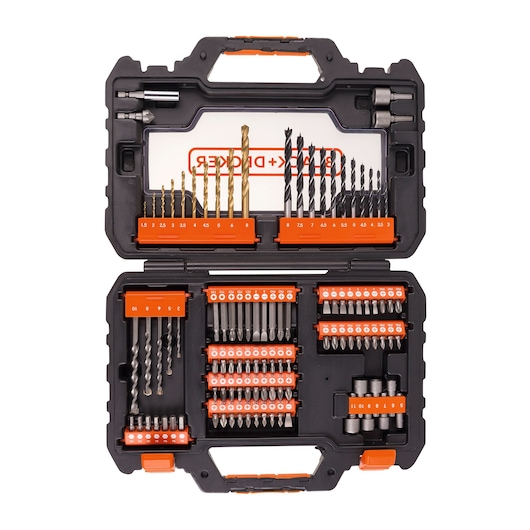 BLACK+DECKER A7230-XJ drill and screwdriver bit set in black carrying case, open, showing organized bits and accessories.