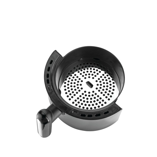 BLACKDECKER AF100 black air fryer basket with perforated tray, top view on white background.