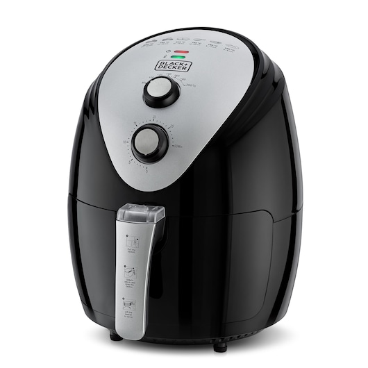 A BLACK+DECKER air fryer model AF150 with a black and silver design, featuring two control dials on the front for temperature and timer settings, and labeled instructions on the handle.