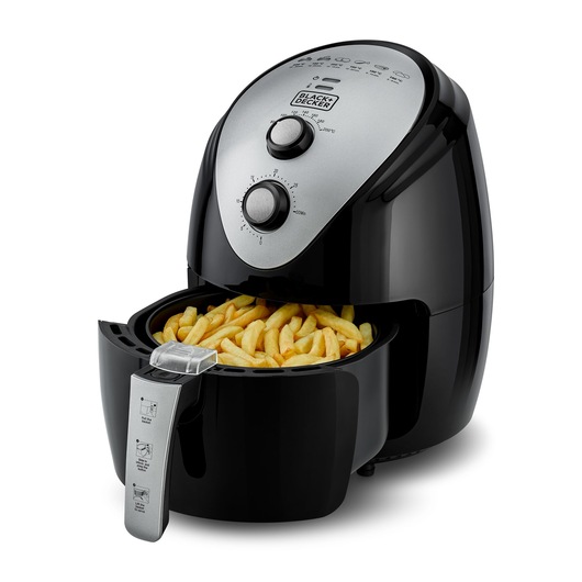 Black & Decker air fryer with a basket filled with French fries, shown on a white background.