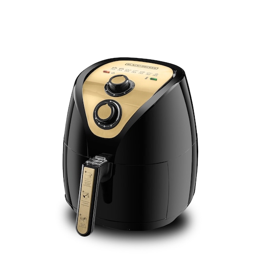 BLACKDECKER AF250G black and gold air fryer, front angle, showing control knobs and handle.
