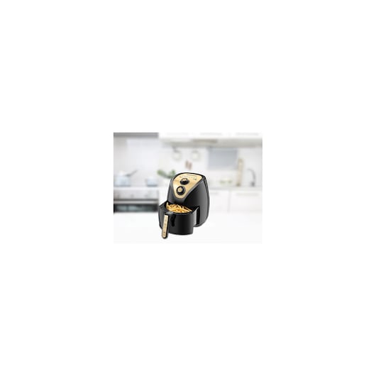 BLACKDECKER AF250G air fryer with gold control panel and open basket with fries on kitchen counter.
