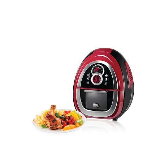 BLACK+DECKER AF500 air fryer in red and black, angled front on white background, with a plate of cooked food.