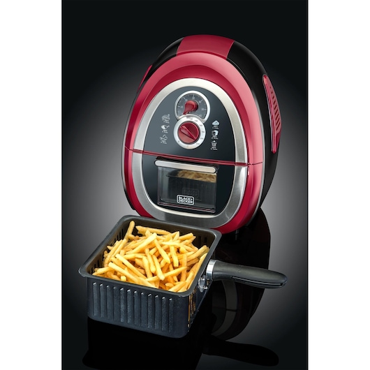 BLACK+DECKER AF500 air fryer in red and black with fries basket, front angle.
