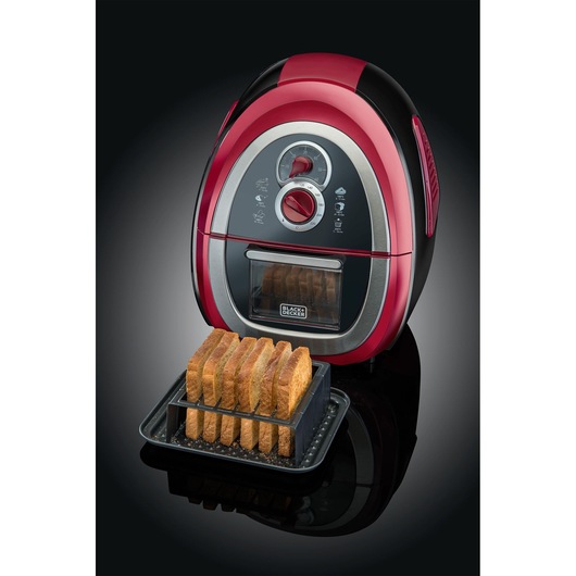 BLACK+DECKER AF500 air fryer with black and red finish, showing toasted bread slices on tray, front angle.