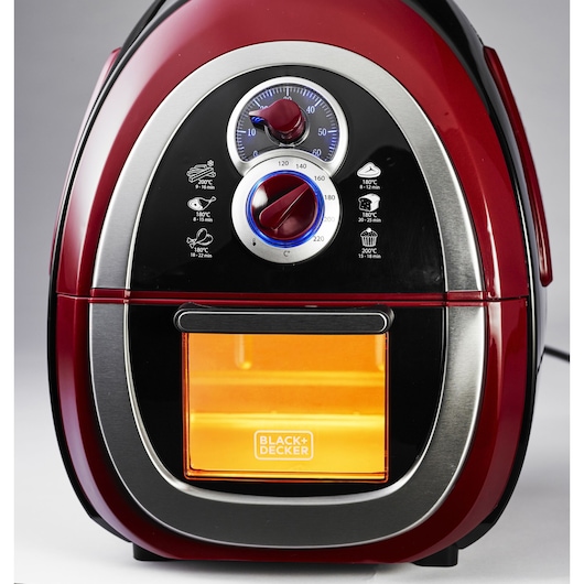 BLACK+DECKER AF500 red air fryer front view with silver accents, control dials, and cooking guide icons.
