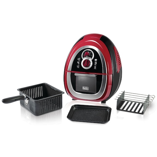 BLACKDECKER AF500 red and black air fryer with control dials, basket, tray, and skewer rack set on white background.