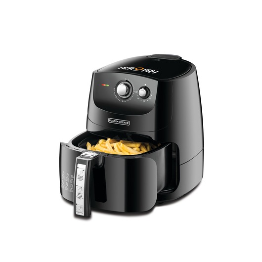 A BLACK+DECKER air fryer model AF550 with a basket filled with French fries, shown on a white background.