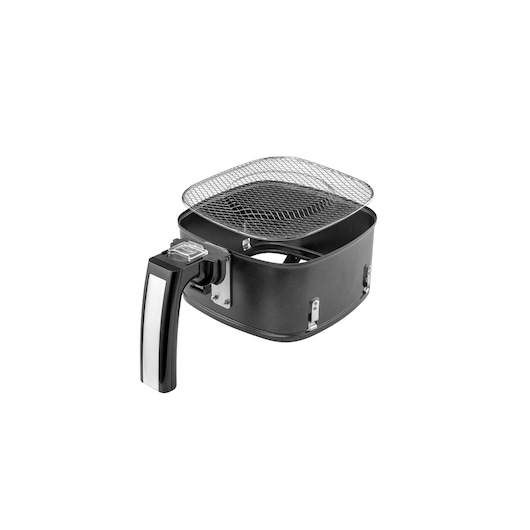 BLACKDECKER AF550 black air fryer basket with mesh tray, side angle on white background.