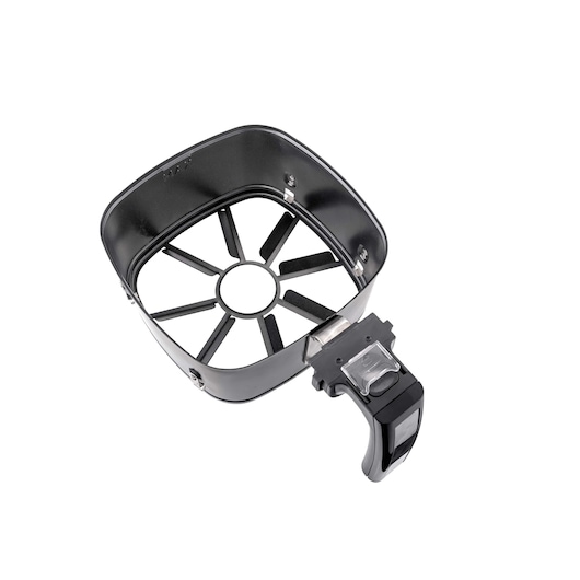 Photo of BLACKDECKER AF550 air fryer basket with handle, top angle, black finish.
