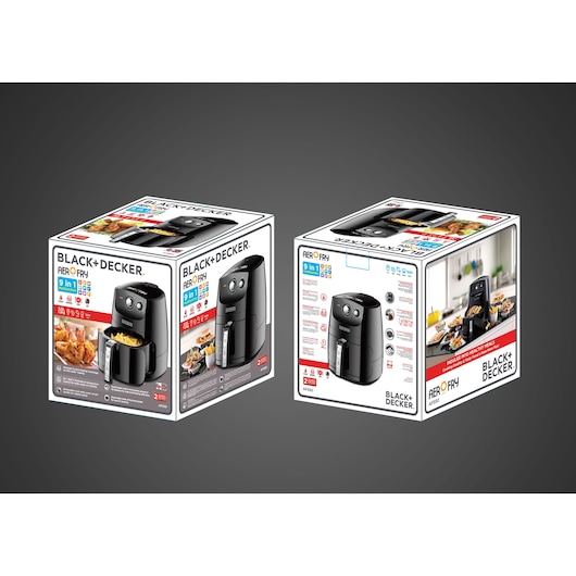 Photo of BLACK+DECKER AF550 air fryer retail packaging, showing features and food images, side and front box views.