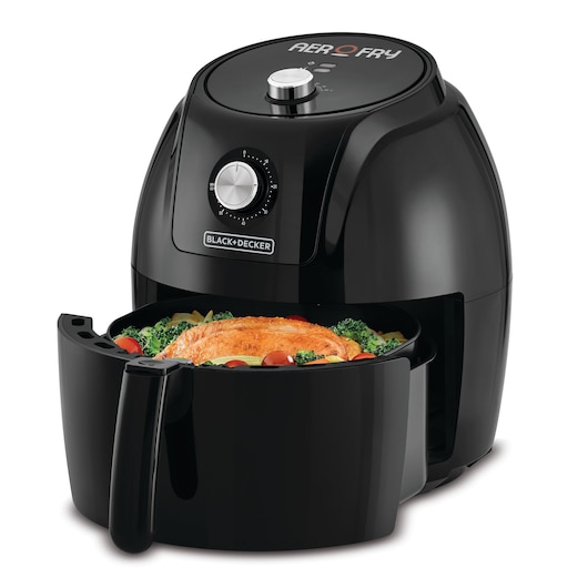 A BLACK+DECKER AeroFry air fryer with an open basket containing cooked food such as chicken, vegetables, and tomatoes, against a plain white background.