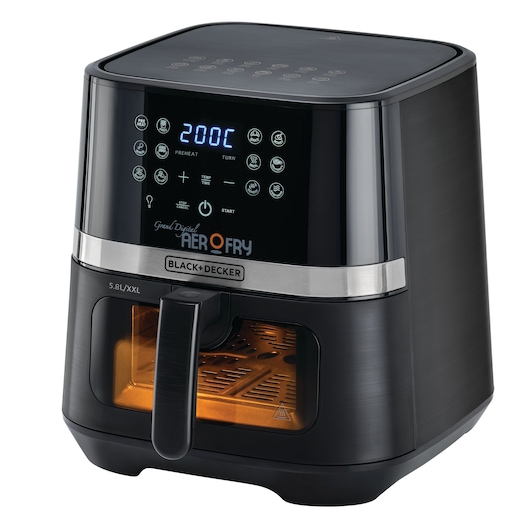 BLACK+DECKER AeroFry Grand Digital air fryer with 5.8L XXL capacity, featuring a touch control display showing 200°C, various cooking presets, and a sleek black design.