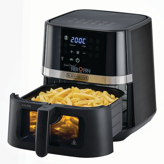 BLACK+DECKER digital air fryer model AF5800 with a filled basket of French fries, showing the front display panel and temperature setting.