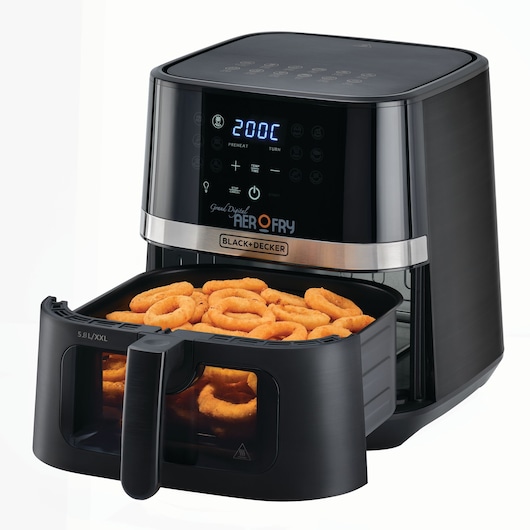 BLACK+DECKER digital air fryer with display panel showing 200°C, model AF5800, featuring a 5.8L XXL basket filled with cooked onion rings.