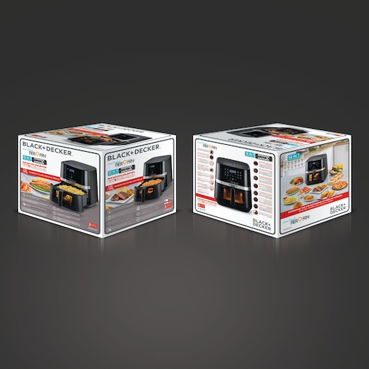 Photo of two BLACK+DECKER AF5800 air fryer product boxes, angled on a dark background, showing packaging design.