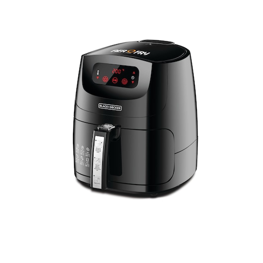 A BLACK+DECKER Air Fryer model AF600 with a digital display, shown in black color with programming buttons and temperature settings visible on the front.