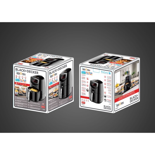 Photo of two BLACK+DECKER AF600 air fryer boxes with product images, features, and branding on white background.