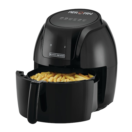 A BLACK+DECKER AeroFry air fryer with a pull-out basket filled with French fries. The appliance is black and has touch controls on the top.