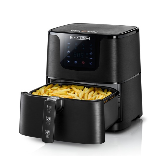 BLACK+DECKER air fryer with digital touch display, shown with a drawer full of cooked French fries.