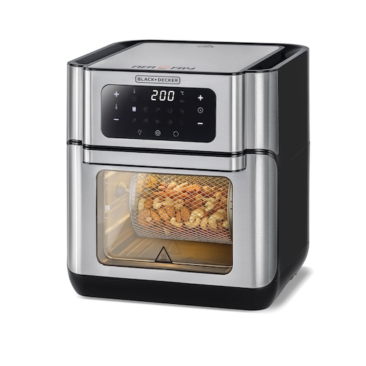 A BLACK+DECKER air fryer oven with stainless steel exterior, digital touch controls, and food cooking inside a rotating basket visible through the front window.