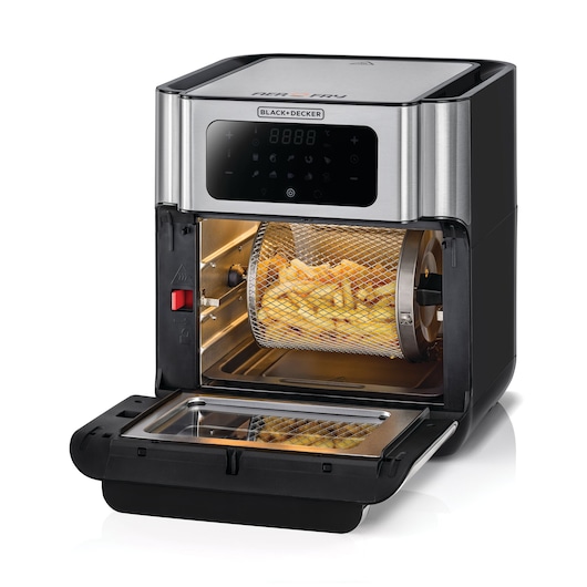 A BLACK+DECKER air fryer with a stainless steel front, digital touch controls, and an open door showing a rotating basket filled with French fries inside.