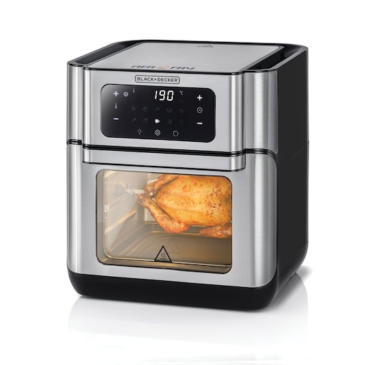 A BLACK+DECKER stainless steel air fryer oven with digital touch controls, displaying 190°C on the front panel. Inside the oven, a whole rotisserie chicken is visible through the window.