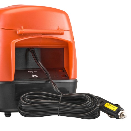 BLACKDECKER ASI300 portable air compressor in orange and black, front angle on white background with 12V car adapter cable.