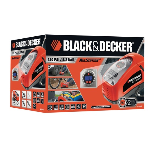 Photo of BLACK+DECKER ASI300 air compressor packaging, showing product images, digital display, and 120 PSI / 8.2 BAR features.