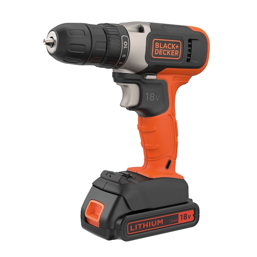 A BLACK+DECKER 18V cordless drill with a lithium battery, featuring an orange and black design.
