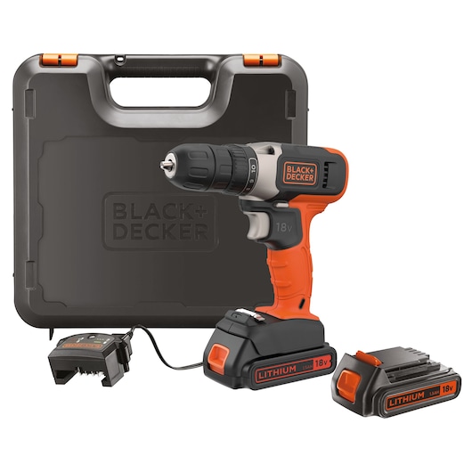 BLACK+DECKER BCD001C2K cordless drill kit with 18V lithium-ion battery, charger, and carrying case, front angle.