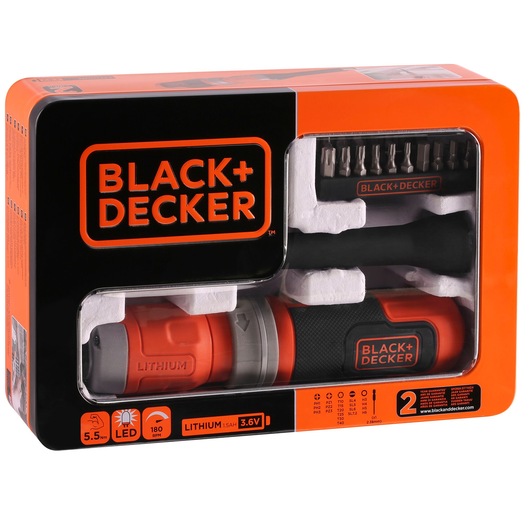 BLACK+DECKER BCF603C cordless screwdriver kit with bits in retail packaging, front angle, orange and black.