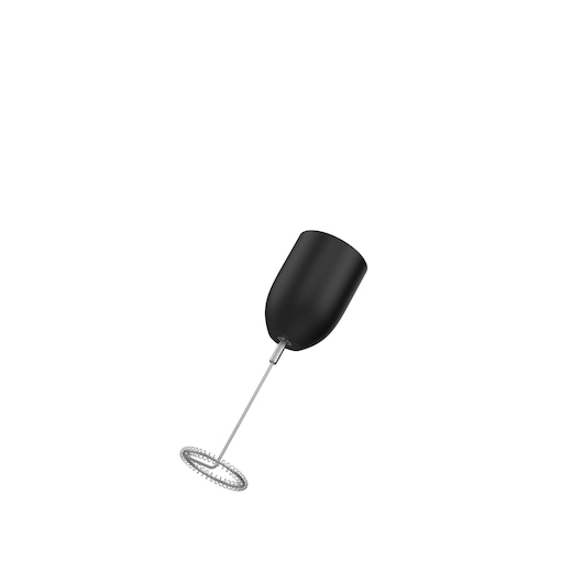 A handheld milk frother with a black handle and a metal whisk attachment on a white background.