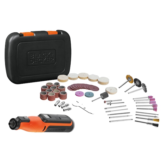 BLACK+DECKER rotary tool kit BCRT8IK with orange and black tool, accessories, and black carrying case, front angle.