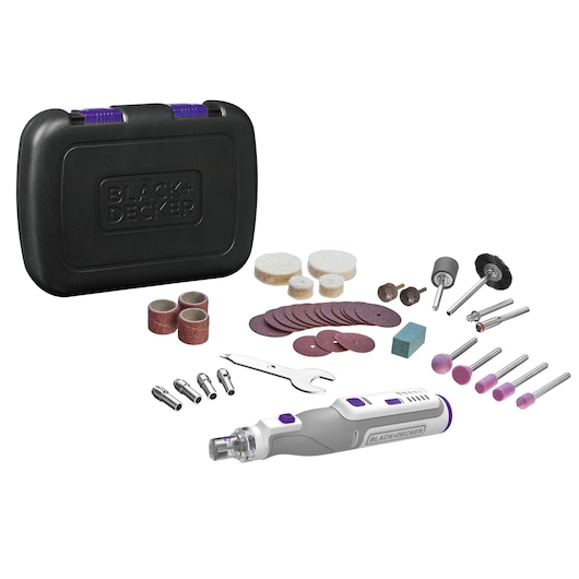 BLACK+DECKER BCRT8IPETK rotary tool kit with case, various sanding disks, polishing pads, drill bits, and accessories, front angle.